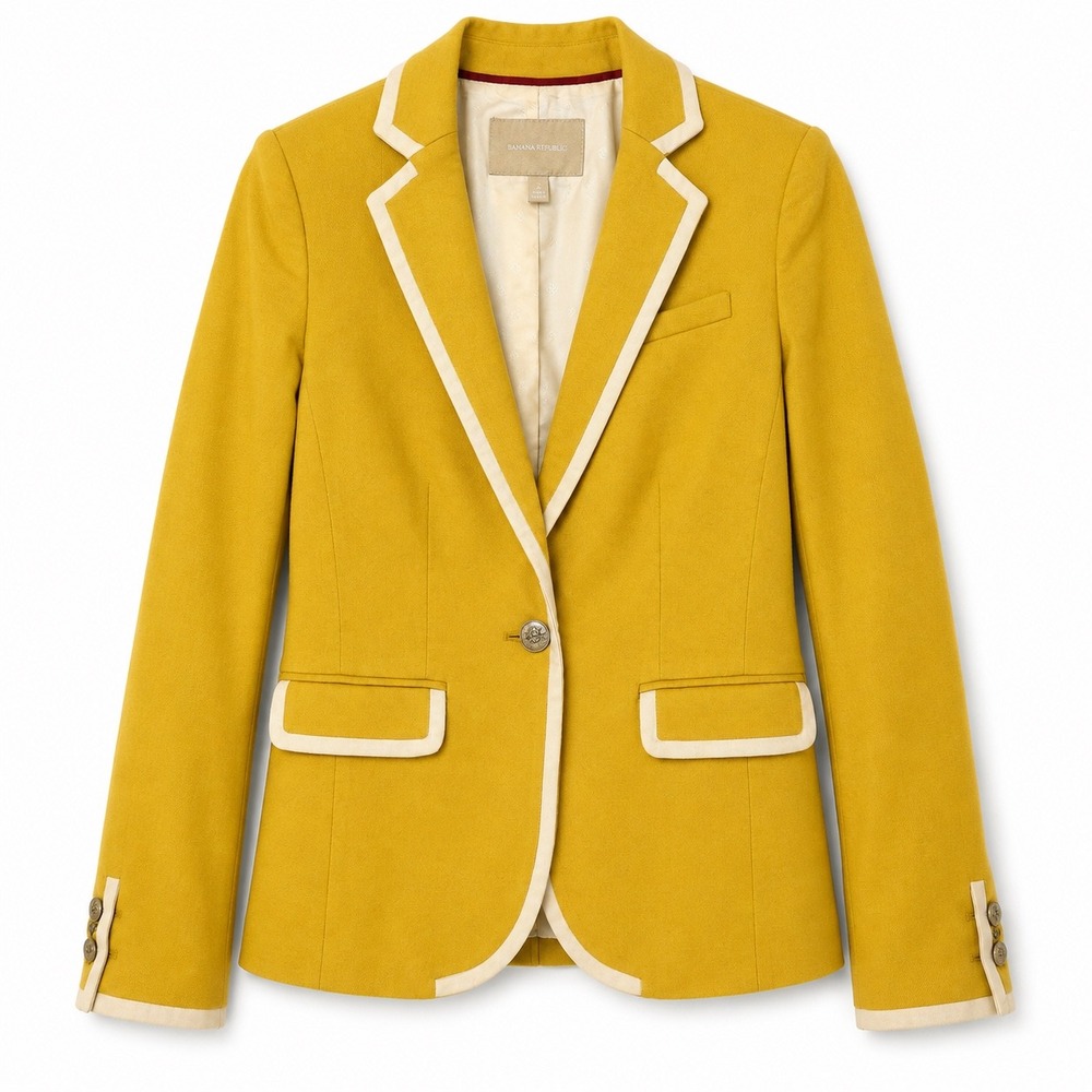 Banana Republic Mustard Yellow Tipped Academy Blazer‎ Crest Button Size 2